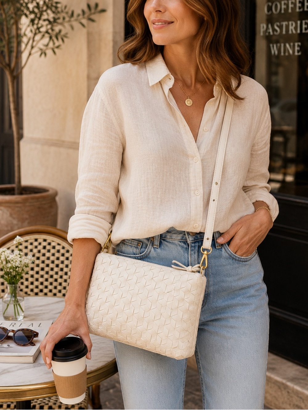 Madewell The Puff Woven Leather Crossbody Bag Ivory Cream Adjustable Strap